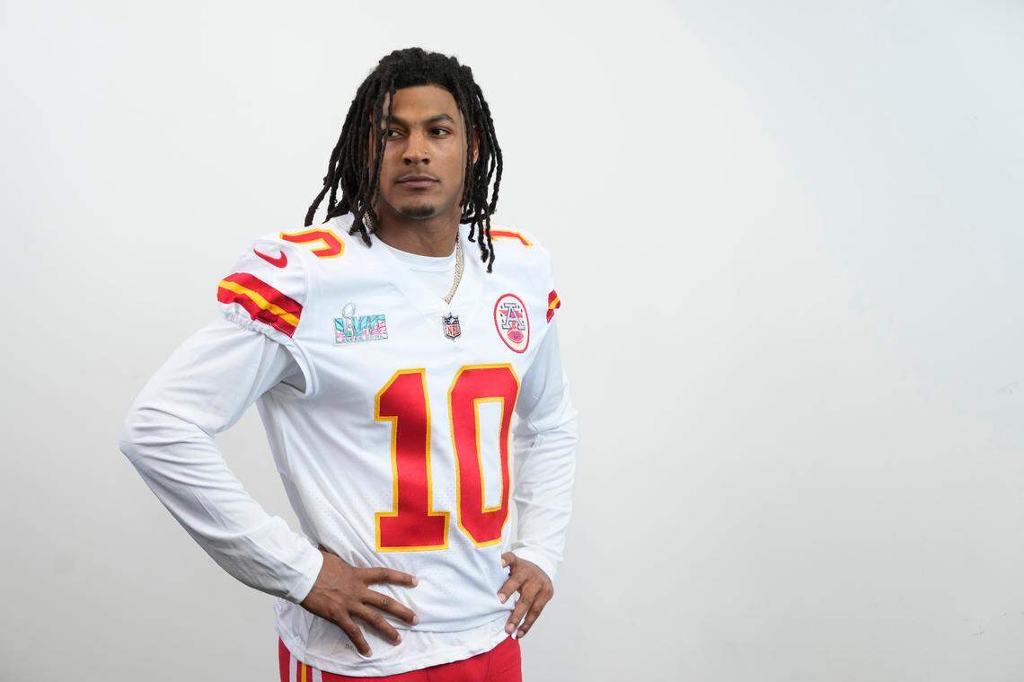 Kansas City Chiefs running back Isiah Pacheco poses for a portrait at NFL football Super Bowl 57 opening night, Monday, Feb. 6, 2023, in Phoenix. The Kansas City Chiefs will play the Philadelphia Eagles on Sunday, Feb. 12.