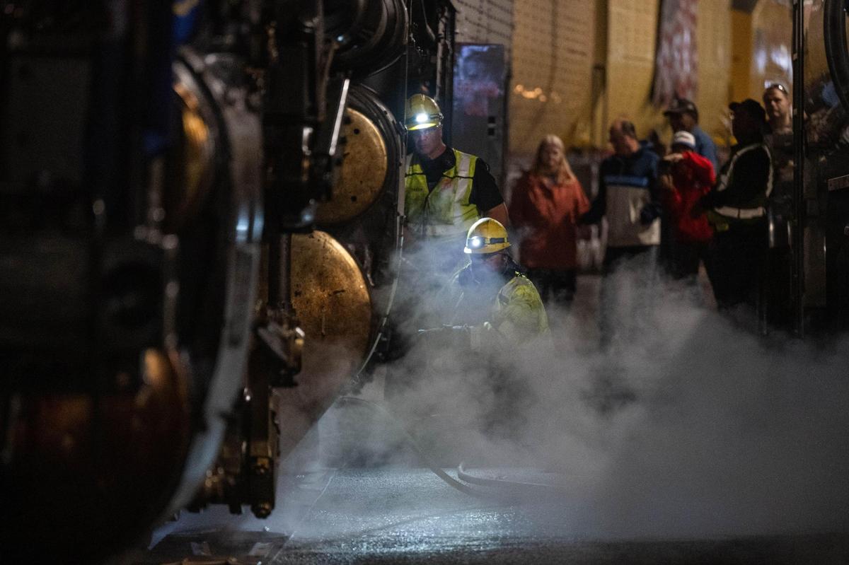 Train technicians perform maintenance on Union Pacific’s Big Boy in Kansas City on Tuesday, Oct. 15, 2024.