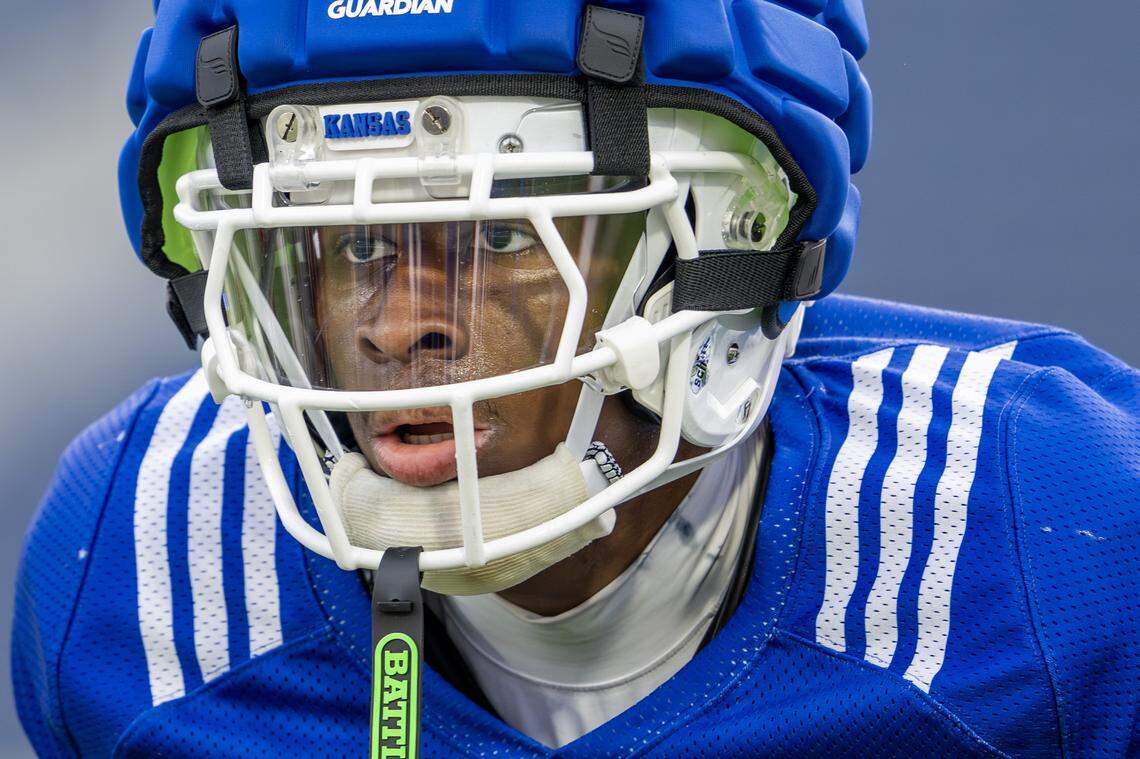 Kansas defensive back Jalen Todd (26) warms up during practice at the newly renovated David Booth Kansas Memorial Stadium on Friday, Aug. 1, 2025, in Lawrence, Kansas.