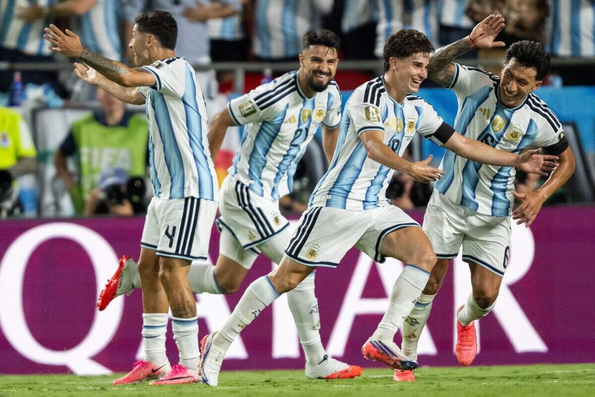 Argentina forward Julián Álvarez (9) runs around in celebration after scoring a goal in a 2026 FIFA World Cup quarterfinal match at Kansas City (Arrowhead) Stadium in Kansas City on Saturday, July 11, 2026.