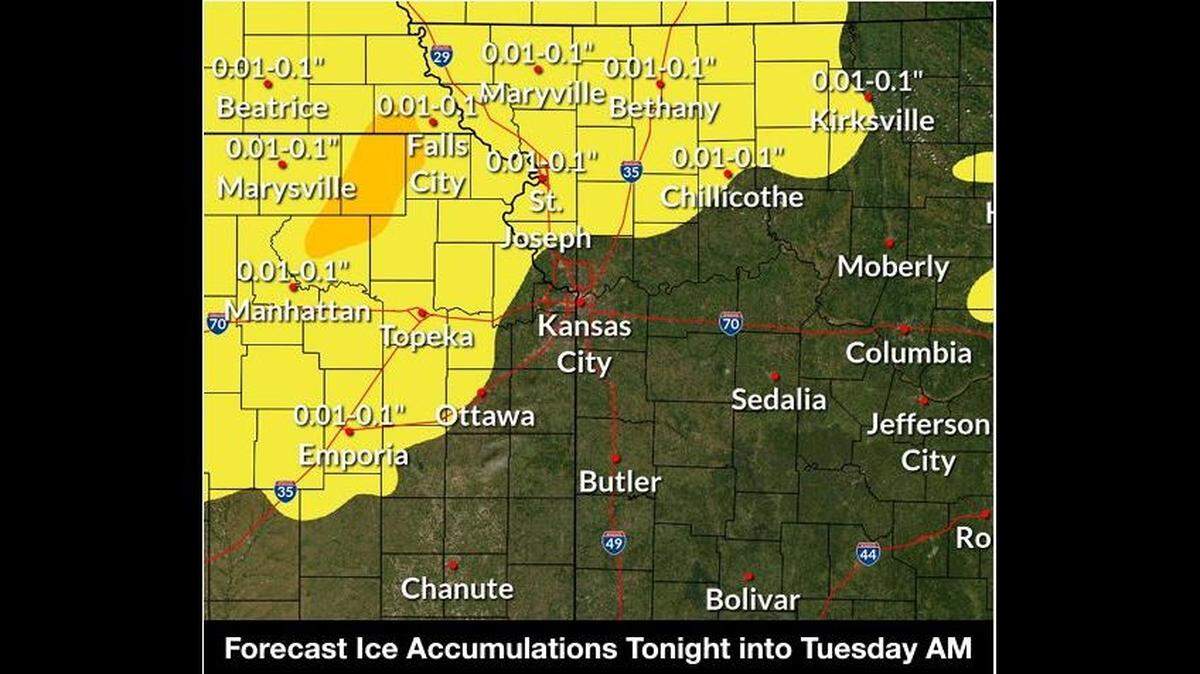 A second bout of freezing rain will be possible across northern Missouri overnight Monday into Tuesday, according to the National Weather Service. Along and south of Interstate 70, including the Kansas City metro area, temperatures are expected to remain warm enough that any precipitation that falls should remain as rain.