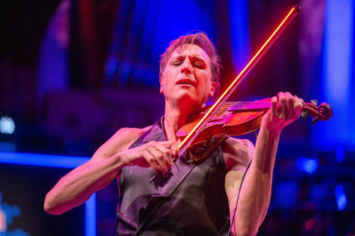 Quixotic Entertainment violinist Shane Borth, performs during a break in dancing at the Red Bull Dance Your Style Midwest Regional Qualifier, on Saturday, April 25, 2026, at the Kauffman Center for the Performing Arts.