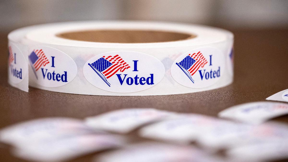 Stacks of “I Voted” stickers are set out for voters on a table at Country Club Christian Church on Tuesday, Nov. 5, 2024, in Kansas City.