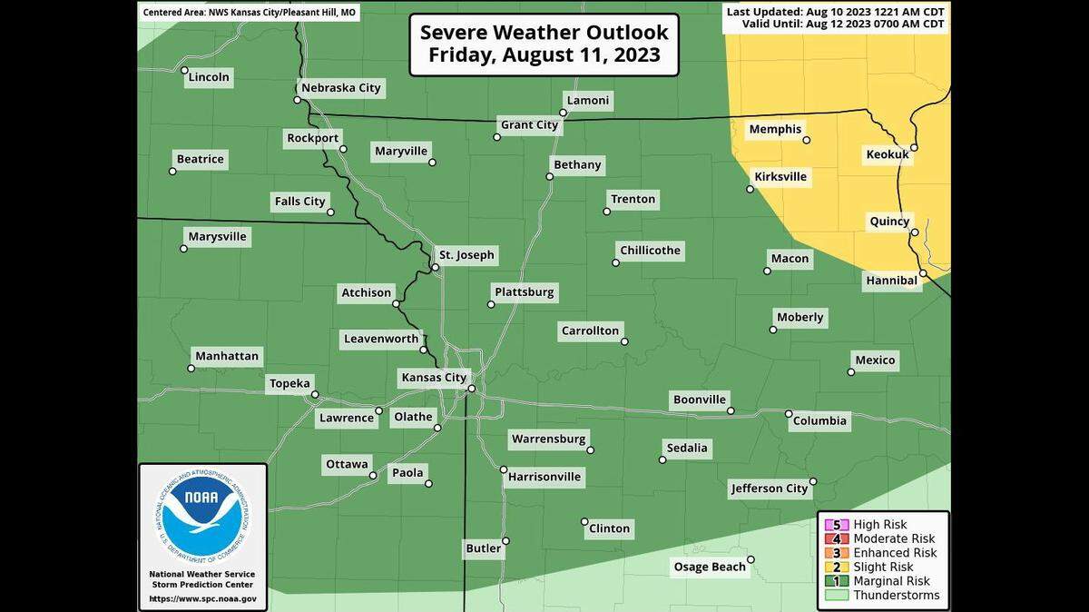 Showers and thunderstorms return to the Kansas City area for the weekend, according to the National Weather Service. While Kansas City has a low risk of severe thunderstorms on Friday, northeast Missouri has a greater possibility of seeing severe weather. The best chance for severe weather in the Kansas City area is Sunday afternoon and evening.