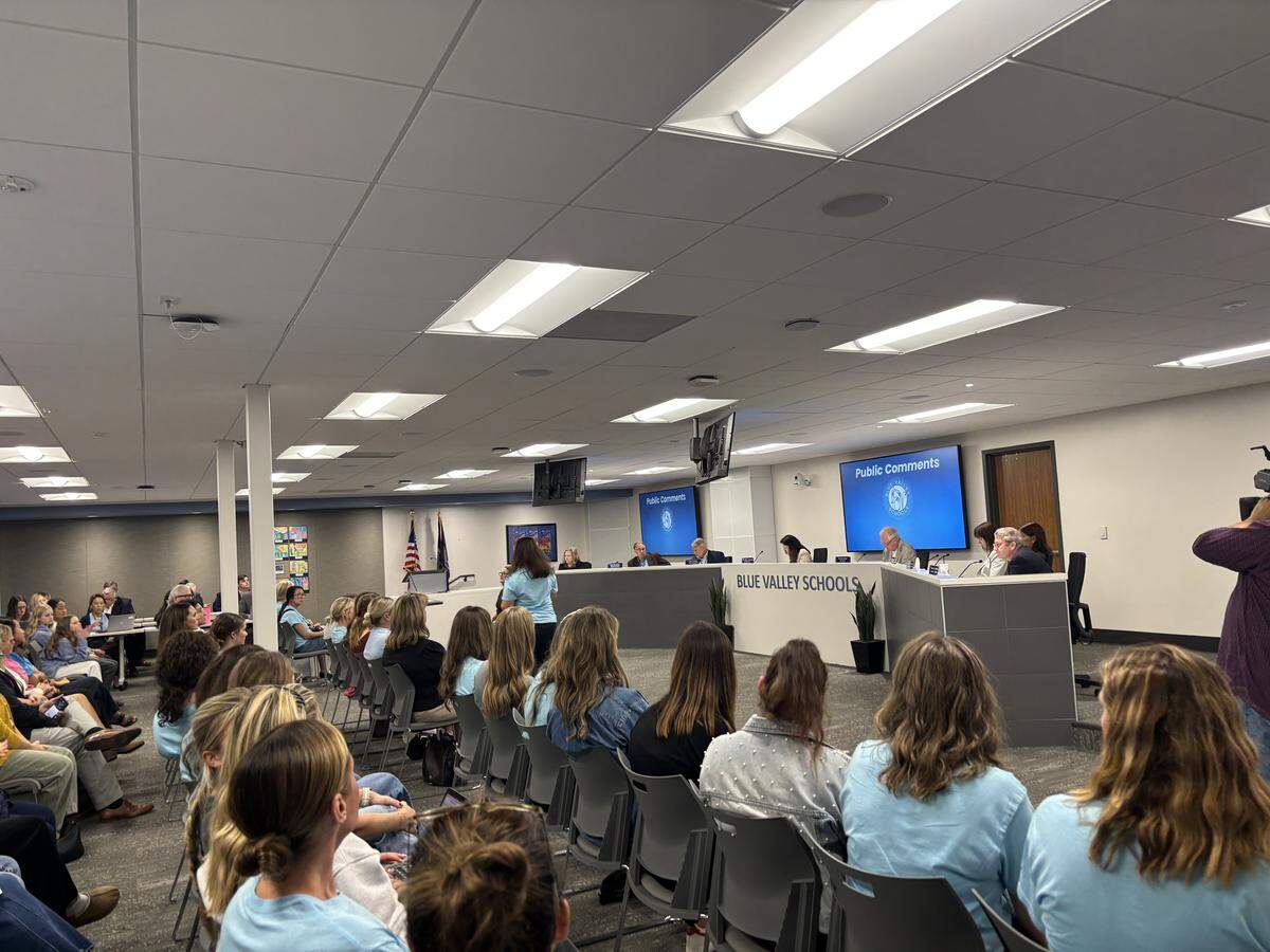 Dozens of parents attended Monday’s Blue Valley School Board meeting in support of Sunset Ridge Kindergarten Teacher Barbara Hart.