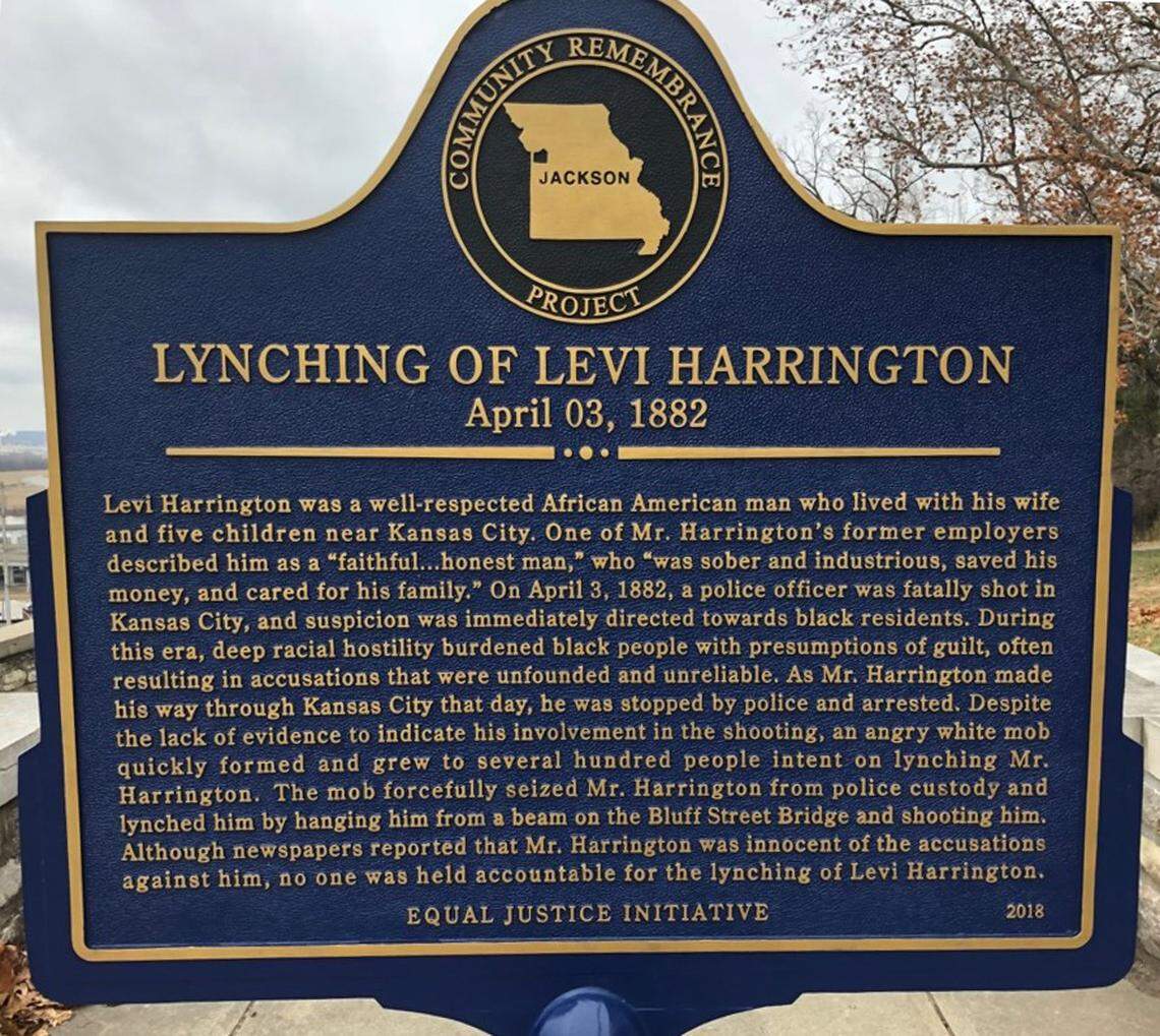 This marker memorializing Levi Harrington, a 23-year-old Black man lynched in 1882 from a bridge near Kansas City’s West Bottoms, has been vandalized three times and is now missing from its post at West Terrace Park.