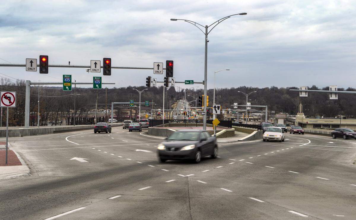 The Roe Avenue overpass at Interstate 435 in Overland Park features a crisscrossing configuration known as a diverging diamond interchange.