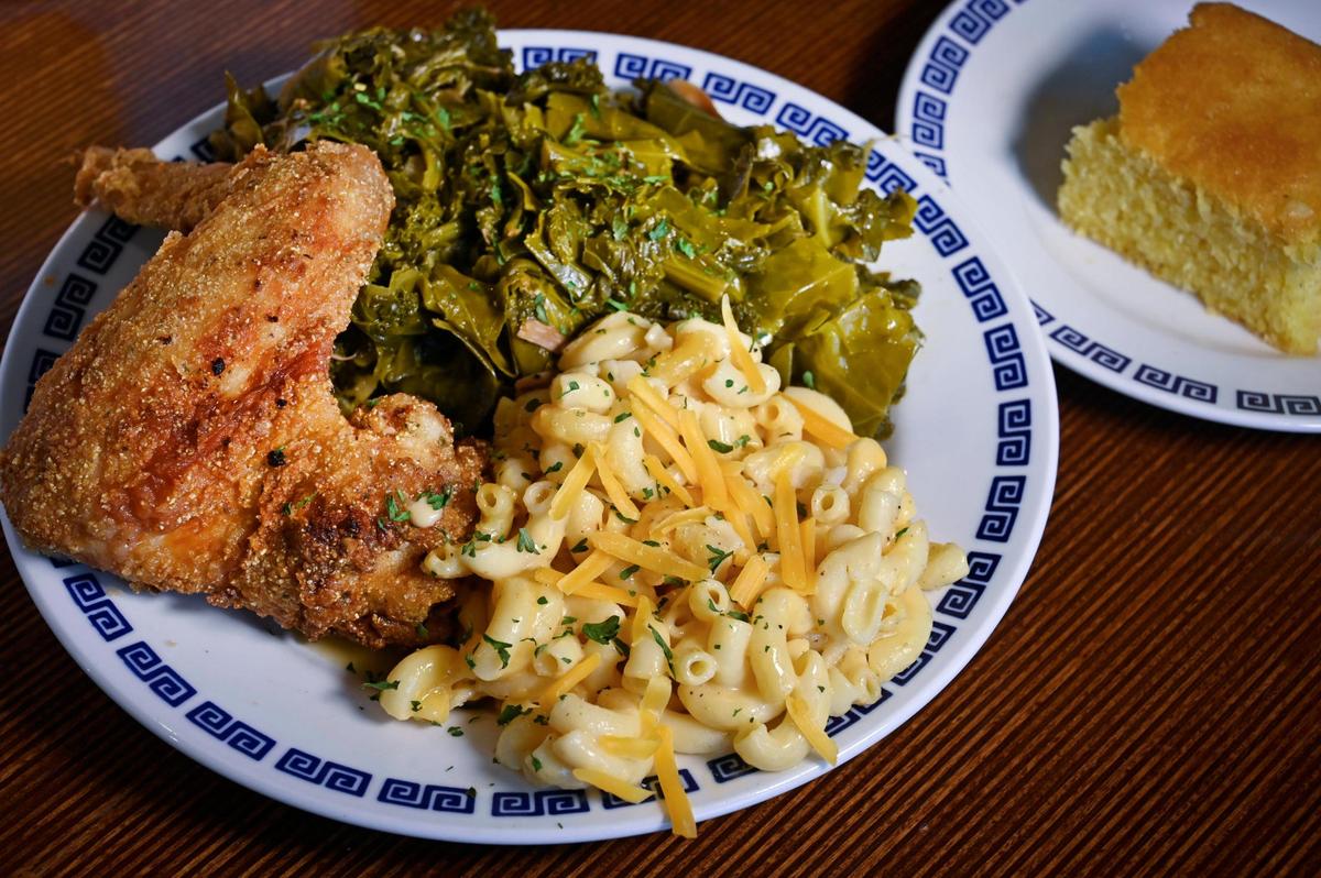 Bella B’s Kitchen serves breakfast all day, as well and lunch and dinner items, including fried chicken, mix greens (in turkey meat), Mac N Cheese and cornbread.