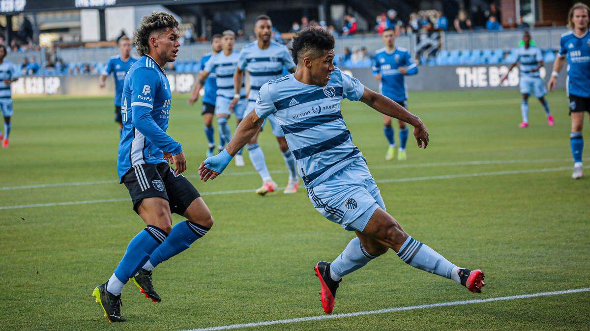 Jaylin Lindsey, front right, scored his first MLS goal Saturday night in California as Sporting KC beat the host San Jose Earthquakes 3-1.