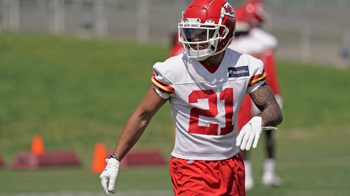 Kansas City Chiefs cornerback Trent McDuffie runs between drills during rookie mini camp NFL football practice Monday, May 9, 2022, in Kansas City, Mo. (AP Photo/Charlie Riedel)