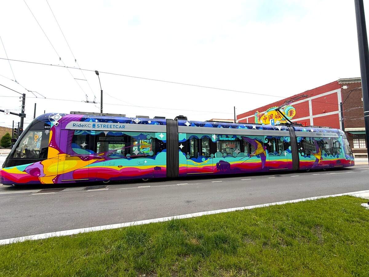 Ramona Cliff’s streetcar wrap is called “Evening Flights.”