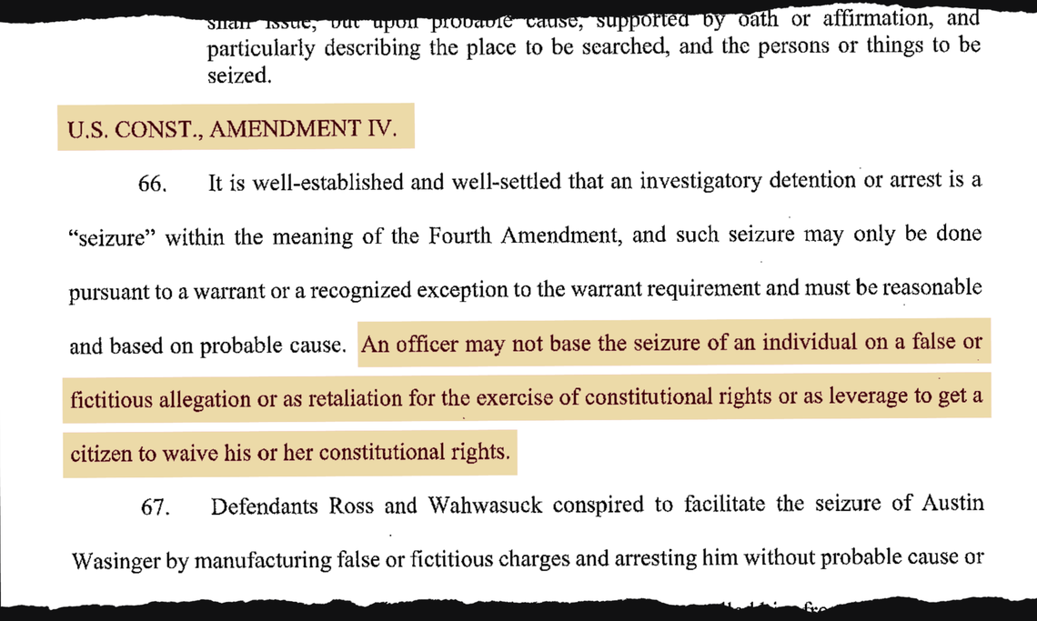 A federal lawsuit filed by Austin and Krista Wasinger alleged Sabetha police violated their Fourth Amendment rights by searching their home and arresting Austin. The city later paid the couple $105,000 to resolve the lawsuit.