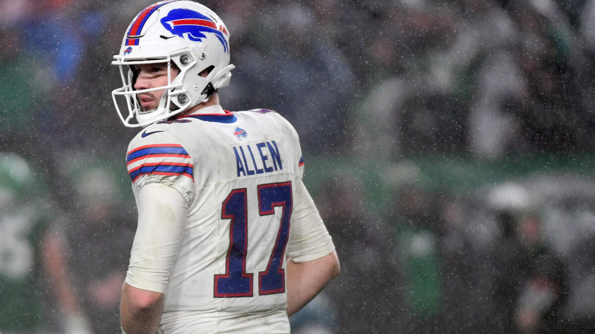 Nov 26, 2023; Philadelphia, Pennsylvania, USA; Buffalo Bills quarterback Josh Allen (17) during overtime loss against the Philadelphia Eagles at Lincoln Financial Field. Mandatory Credit: Eric Hartline-USA TODAY Sports