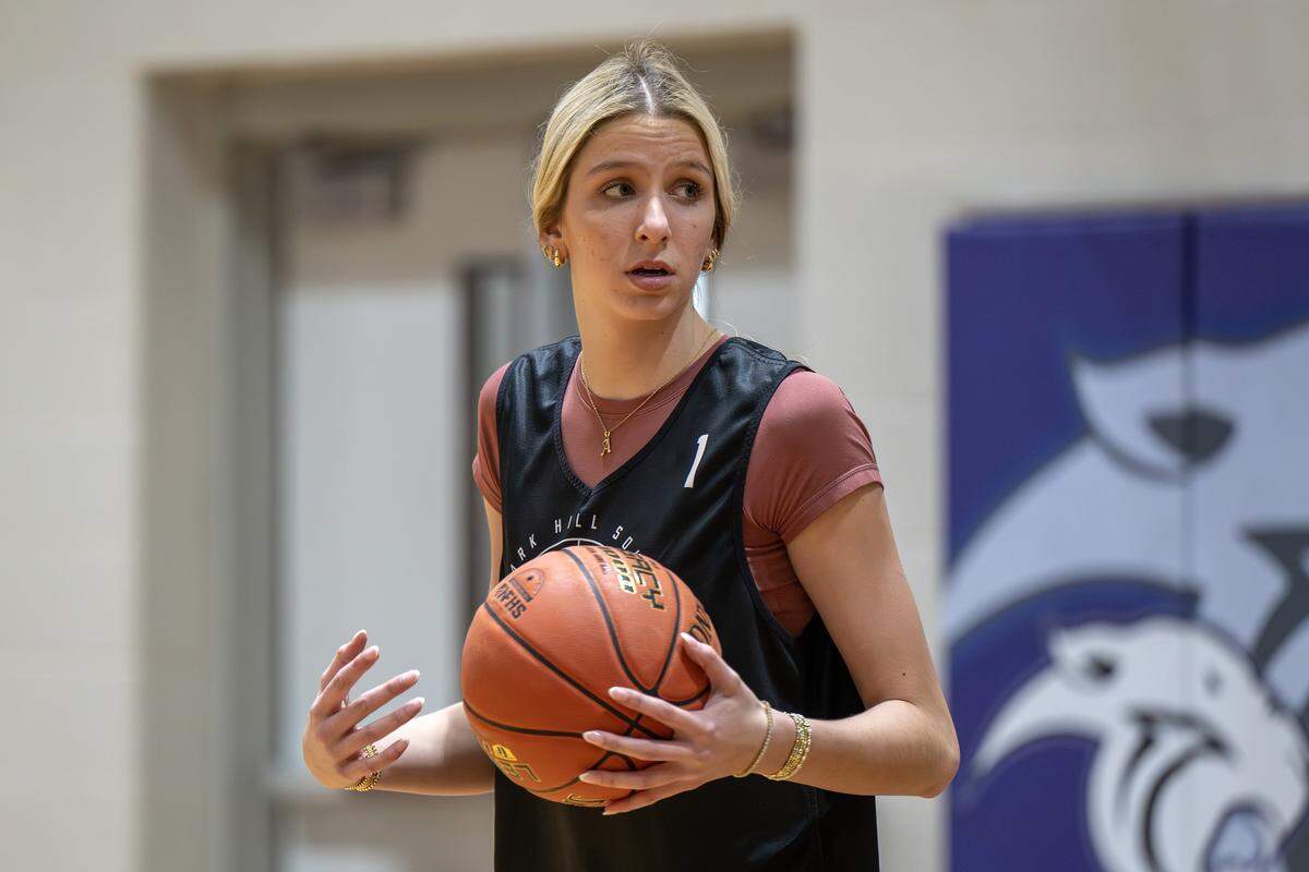 Addison Bjorn warms up during basketball practice at Park Hill South High School on Wednesday, Jan. 21, 2026, in Riverside.