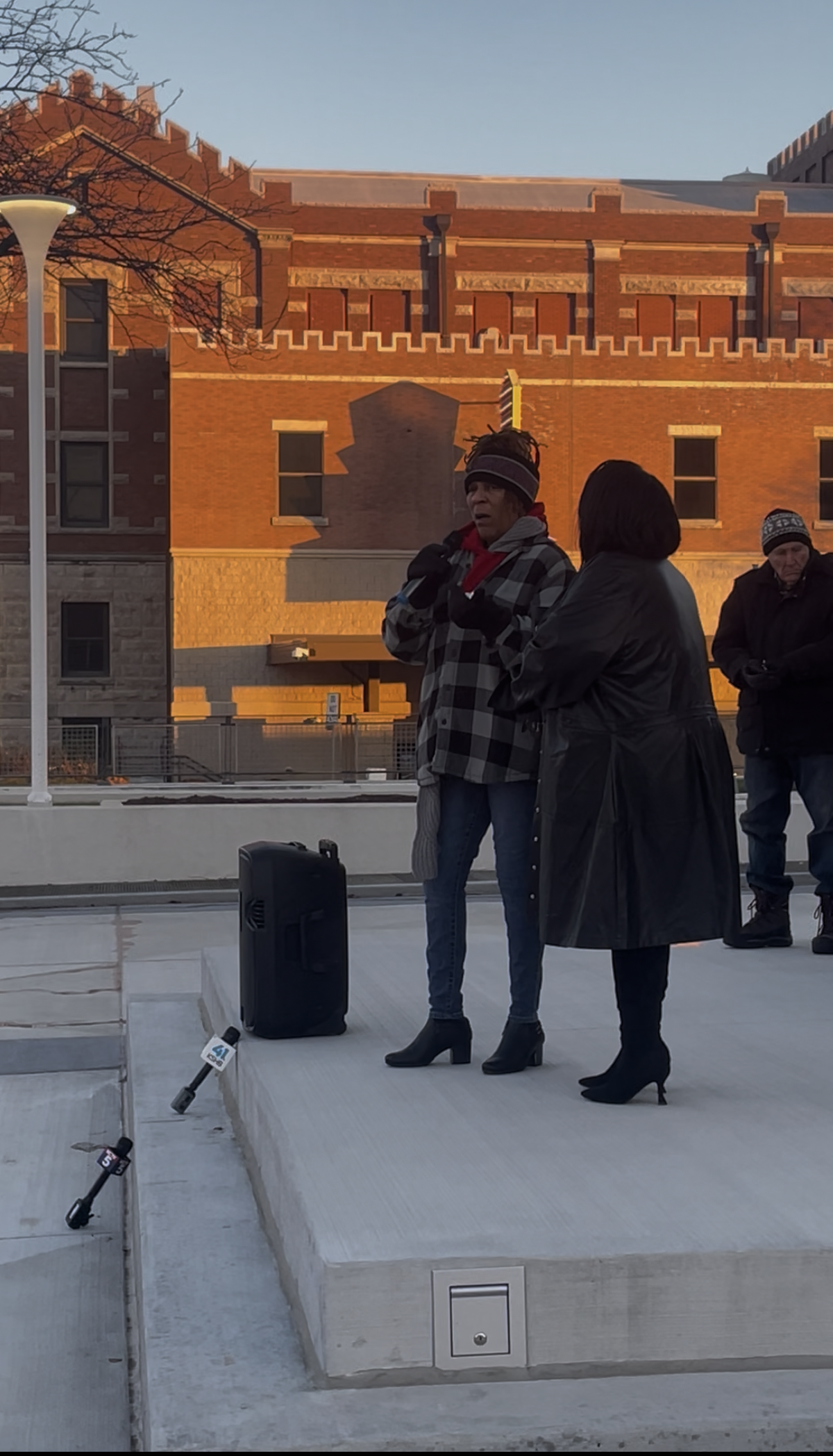 Ophelia Williams, an alleged victim of Roger Golubski, addresses attendees of a morning protest in downtown KCK on Dec. 9, 2025. Williams was joined by clergy and other people allegedly affected by Golubski when he was a KCK police officer in the 1990s and early 2000s.