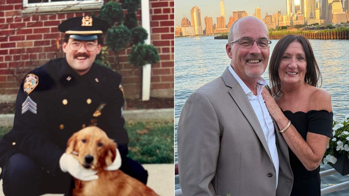 BeFunky-collage (74).jpg Michael Mayer, at left during his days with the NYPD and at right with his wife Mary (with the Freedom Towers looming in the background) in more recent times.