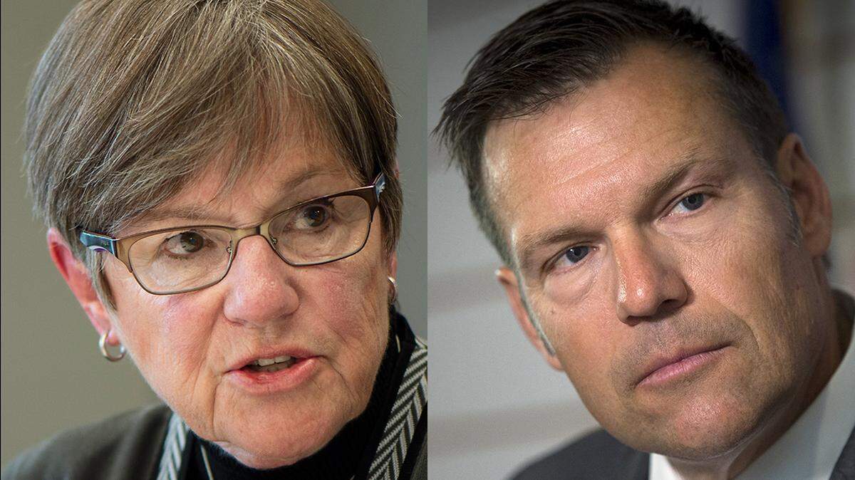 Democratic Kansas Gov. Laura Kelly and GOP Attorney General Kris Kobach