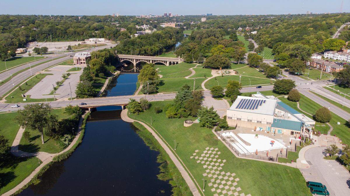 More than 52,000 fish died along a 4.1 mile stretch of Brush Creek. This aerial shot of Brush Creek Community Center, Spirit of Freedom Fountain and Bruce R Watkins Cultural Center, shows part of the area where dead fish were found.