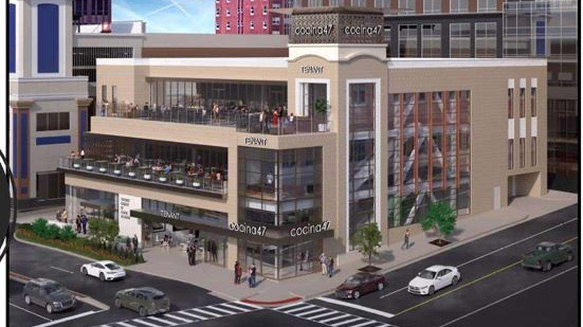 This rendering shows the latest plans for Cocina47, a three-story restaurant development that will replace the Seventh Church of Christ, Scientist near the Country Club Plaza.