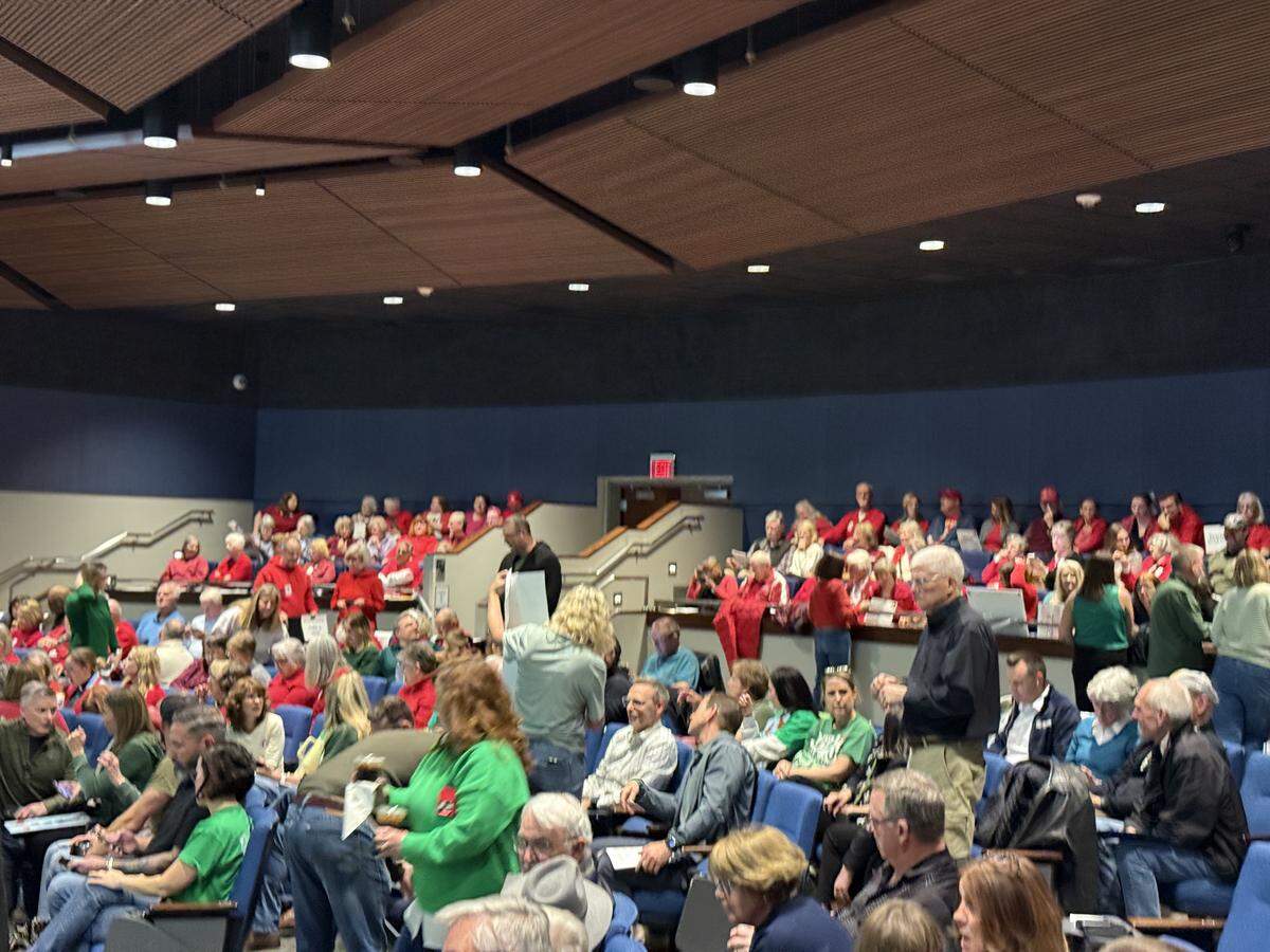 Residents wore red or green to show if they supported protected green space or Habitat for Humanity’s affordable housing project. 