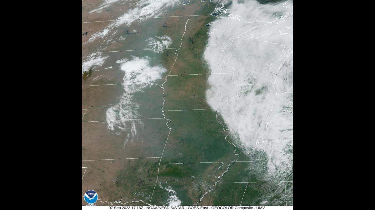 Smoke from wildfires in western Canada has been spilling into the Kansas City skies since Wednesday, satellite images from National Oceanic and Atmospheric Administration show. The smoke appears as a light gray band and stretches from Canada, down through Nebraska and Iowa and into northeast Kansas and Missouri, satellite images show.