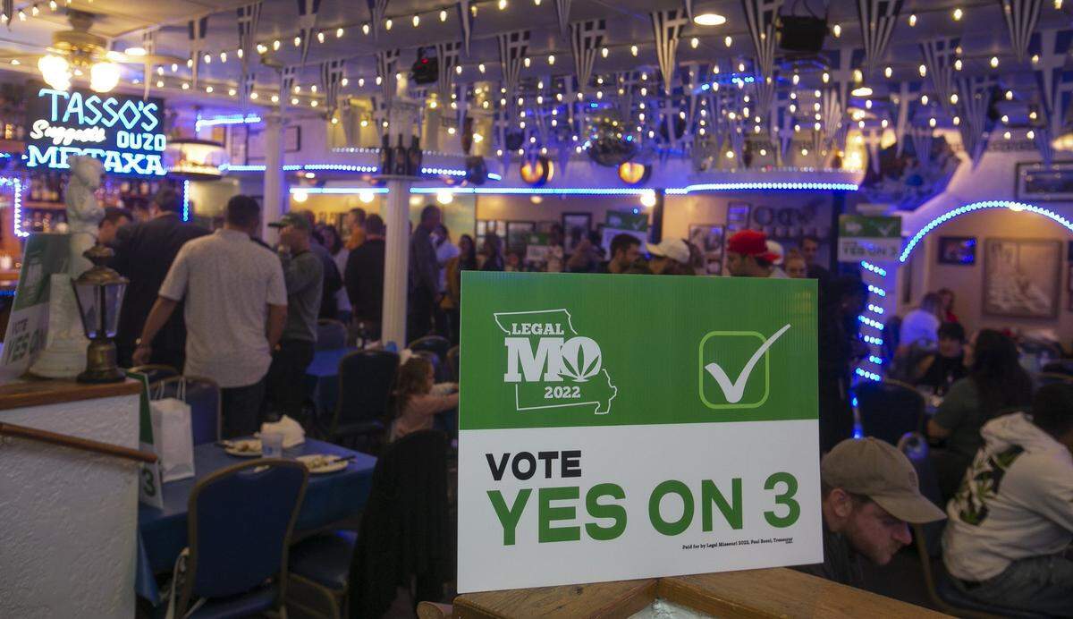 Supporters of legal recreational marijuana in Missouri gathered at Tasso’s Greek Restaurant, 8411 Wornall Road, Kansas City for a local election night watch party Tuesday, Nov. 8, 2022.