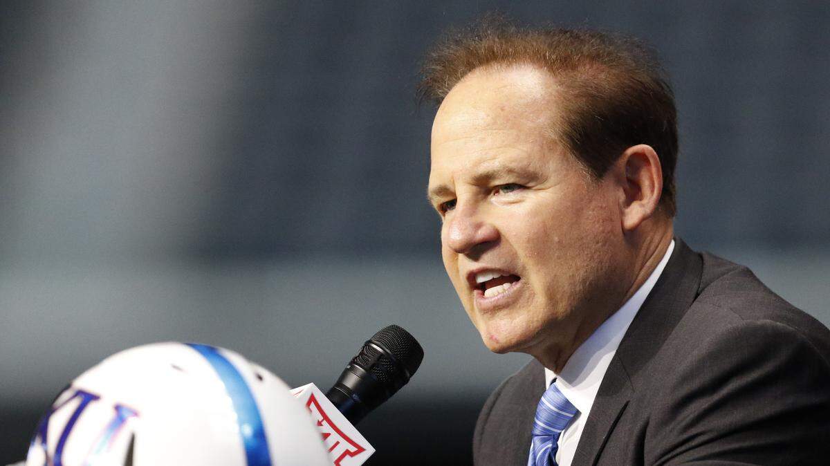 Kansas head coach Les Miles speaks on the first day of Big 12 football media days on Monday, July 15, 2019, at AT&T Stadium in Arlington, Texas. This is Miles’ first season at KU.