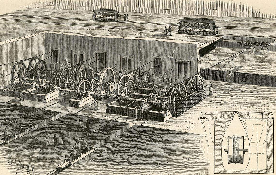 An illustration demonstrates how powerhouse steam engines drove the underground cables that pulled early streetcars.