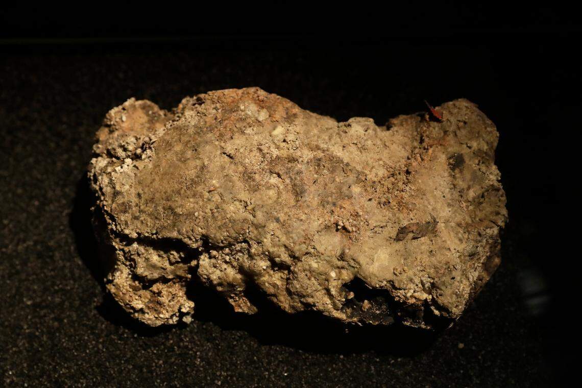 The only remaining piece of the 130 ton, 250 meter long fatberg, removed from the sewers in the Whitechapel area of east London in the latter months of 2017, is displayed during a media preview at the Museum of London in London, Thursday, Feb. 8, 2018.