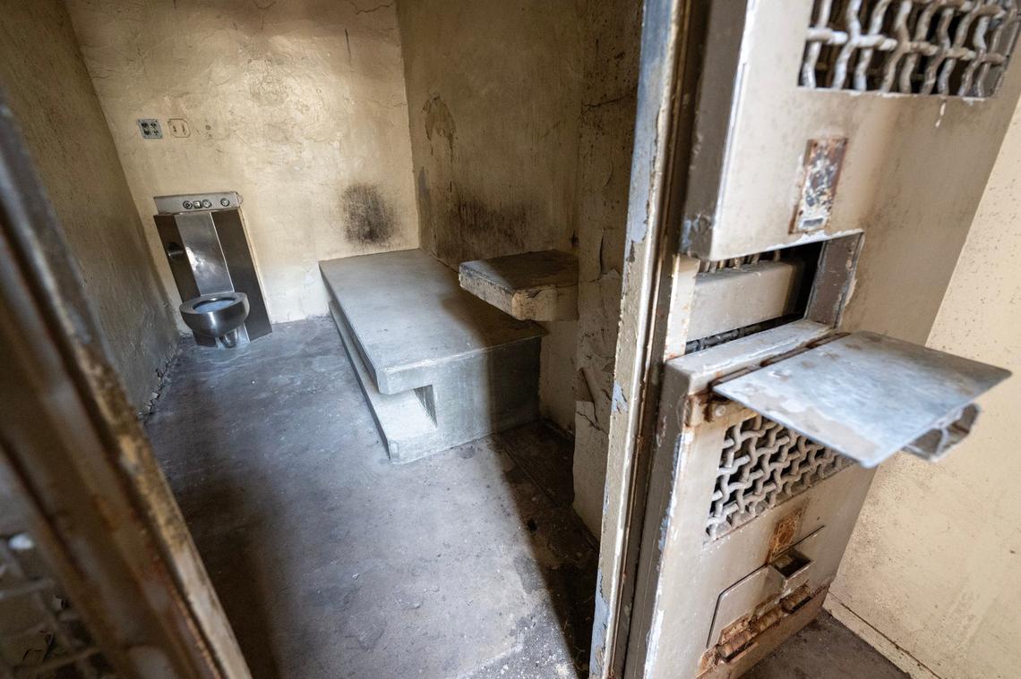 A prison cell located in Cell Block C, a segregated unit at the decommissioned Lansing Correctional Facility, shows the wear of years of occupation by inmates.