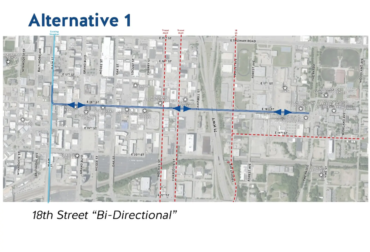 A rendering of a possible 18th and Vine streetcar extension route, with both east and west tracks on 18th St. Screenshot of Kansas City Streetcar Authority presentation.