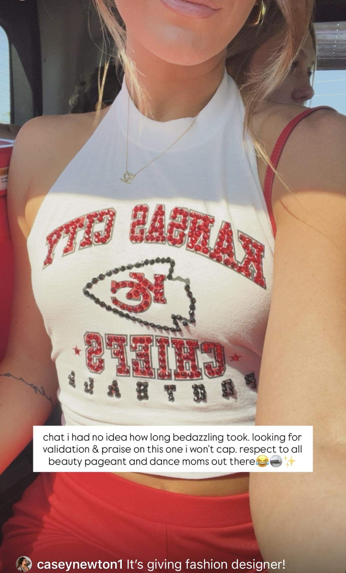 Ana Demmer apparently bedazzled her own Chiefs halter top.