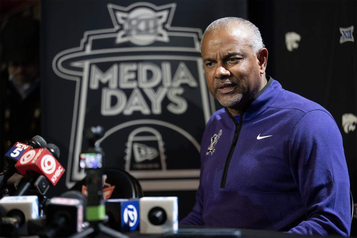 Head coach Jerome Tang of the Kansas State Wildcats answers questions during Big 12 Basketball Media Days at T-Mobile Center on Wednesday, October 22, 2025, in Kansas City.