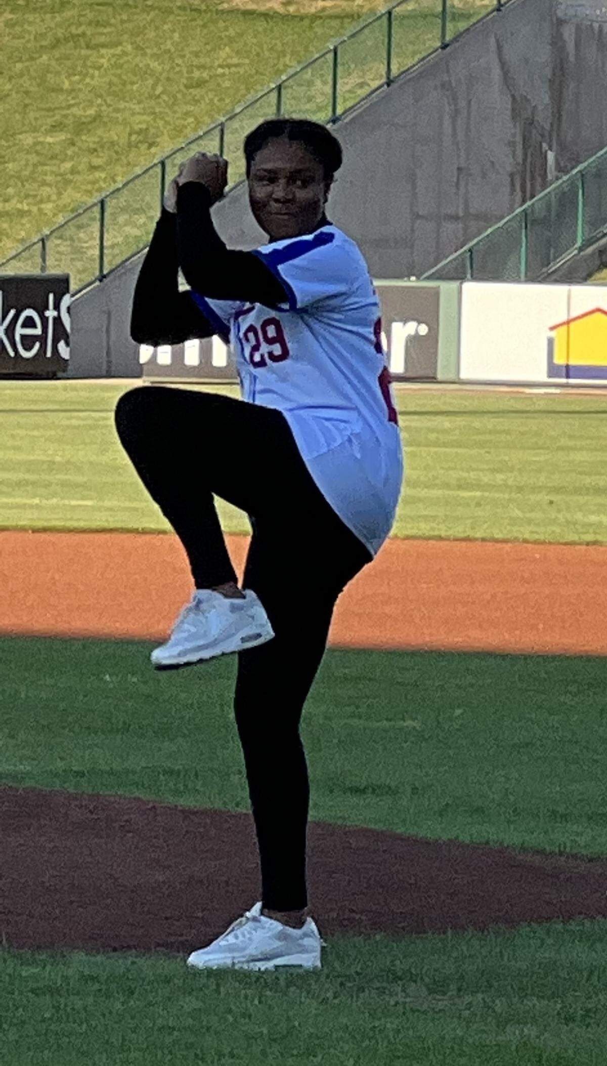 Jaeda LaVonne, who will portray Toni Stone in the Unicorn Theatre’s play, showed good form throwing out the first pitch at a recent Kansas City Monarchs minor league game even though she has no background in baseball.