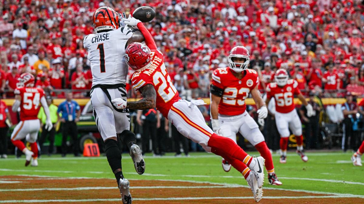 Kansas City Chiefs cornerback Trent McDuffie (22) denies Cincinnati Bengals wide receiver Ja’Marr Chase (1) a touchdown reception in the first quarter Sunday, Sept. 15, 2024, at GEHA Field at Arrowhead Stadium.