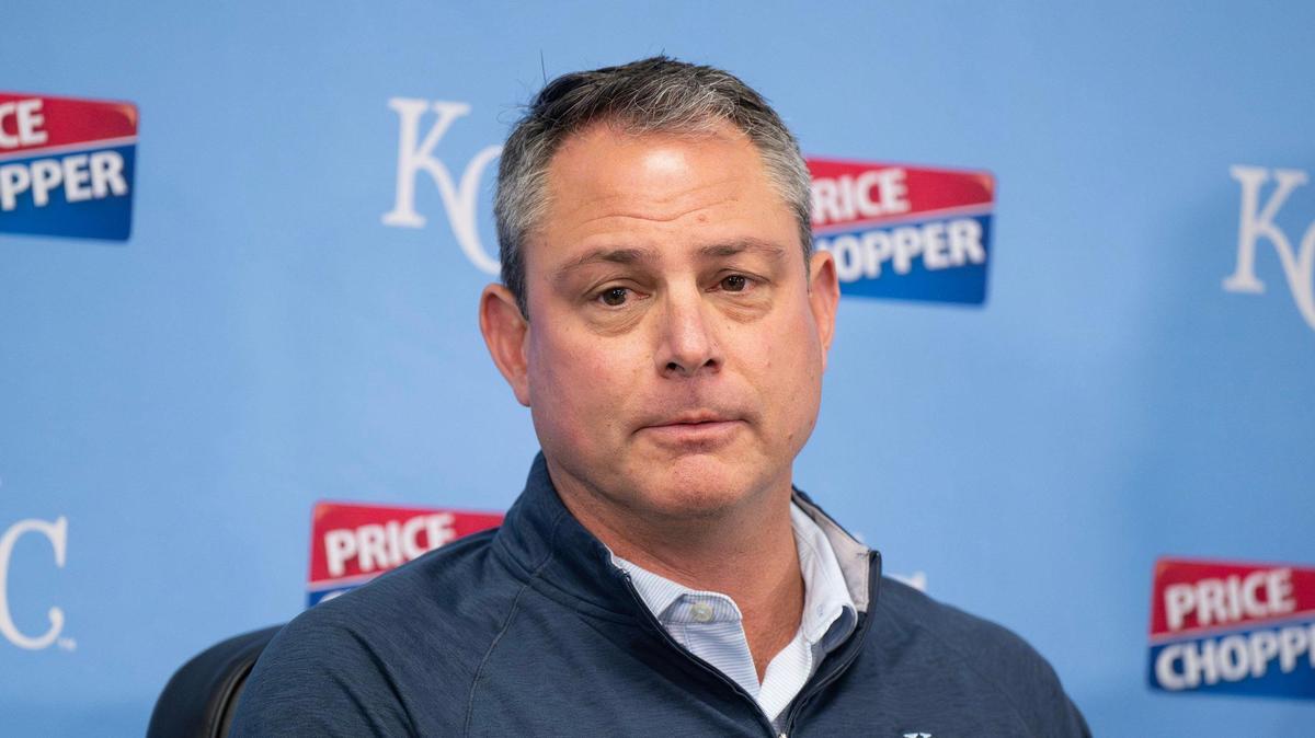 Royals general manager J.J. Picollo answers questions from the media during a news conference at Kauffman Stadium on Saturday, Feb. 1, 2025, in Kansas City.