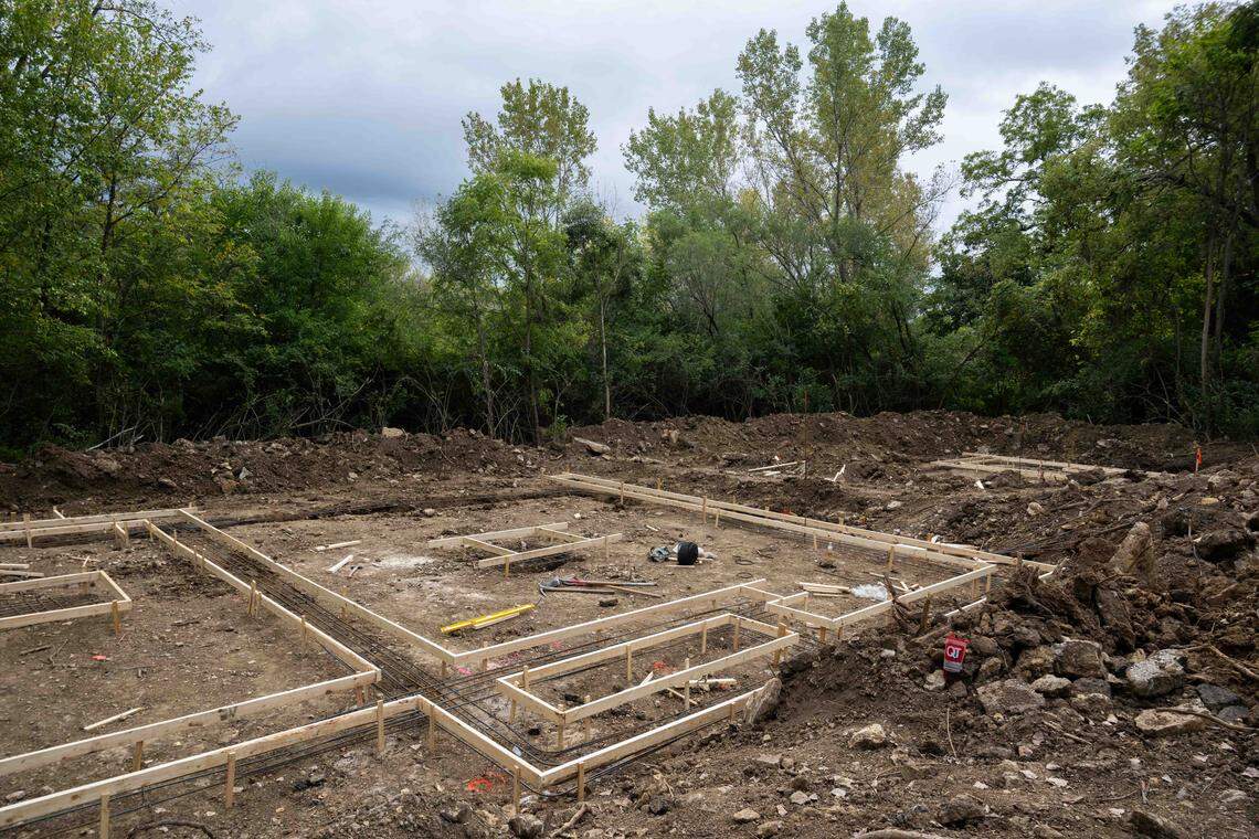 Foundations were being prepared on Thursday, Oct. 9, 2025 at a dual lot that Fran Sutton is developing. Sutton, a real estate broker-turned-developer in Kansas City, Kansas, is trying to address a local housing shortage by tapping into vacant and abandoned lots that KCK has in its land bank.