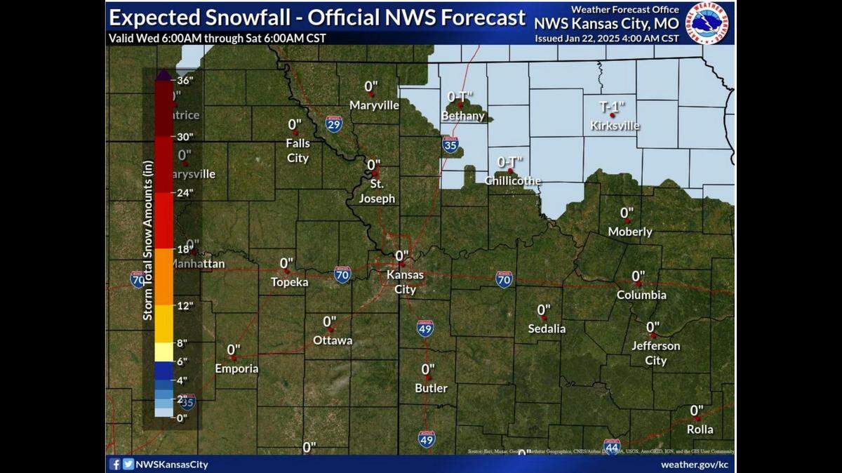 Light snow is possible in the afternoon and evening along and north of the U.S. 36 highway in northern Missouri. The National Weather Service said the snow is not expected to reach the Kansas City metro.