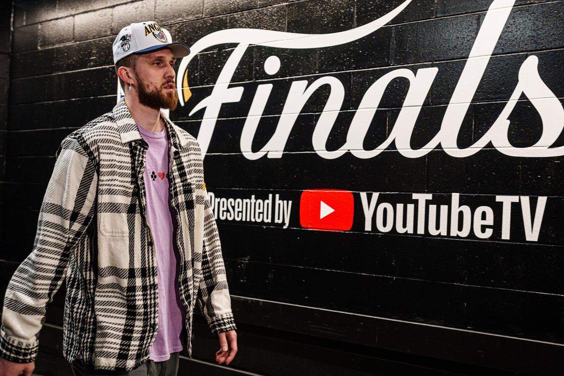 Celtics guard Svi Mykhailiuk arrives at TD Garden in Boston for Monday night’s decisive Game 5 against the Dallas Mavericks in the 2024 NBA Finals.