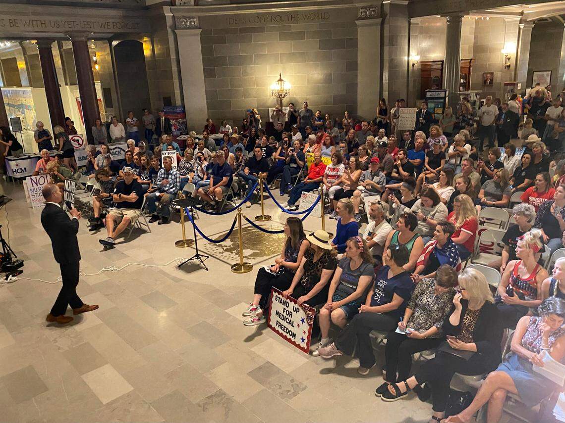 Sen. Rick Brattin, R-Harrisonville, speaks at a rally against the federal COVID-19 vaccine rule for employers at the Missouri State Capitol in Jefferson City on Wednesday, Sept. 15, 2021.