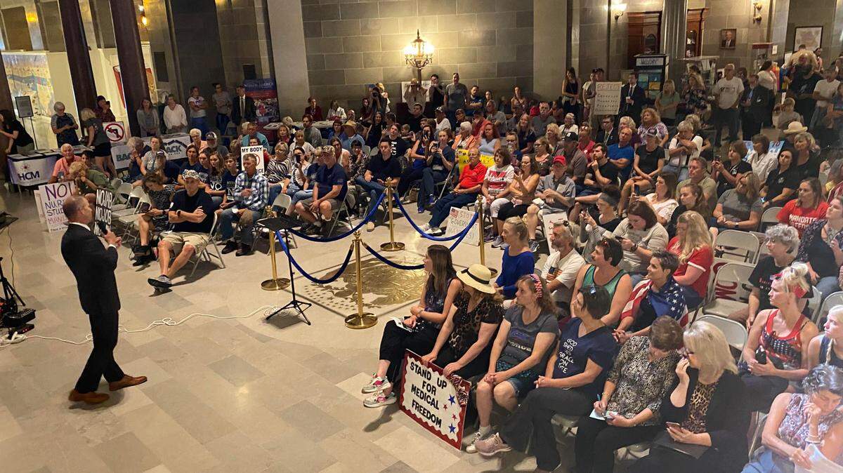 Sen. Rick Brattin, R-Harrisonville, speaks at a rally against the federal COVID-19 vaccine rule for employers at the Missouri State Capitol in Jefferson City on Wednesday.