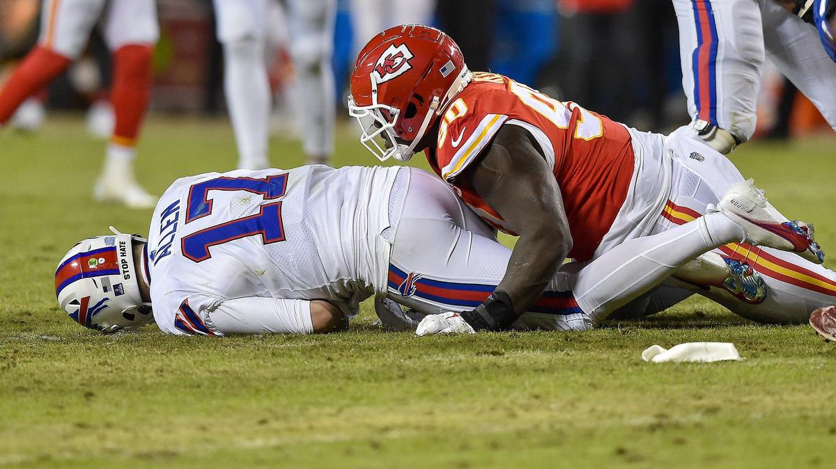 Kansas City Chiefs defensive tackle Jarran Reed sacks Buffalo Bills quarterback Josh Allen in the fourth quarter of the AFC Divisional Playoff game between the Chiefs and the Bills at GEHA Field at Arrowhead Stadium Sunday, Dec. 23, 2022. The Chiefs defeated the Bills in overtime, 42-36.