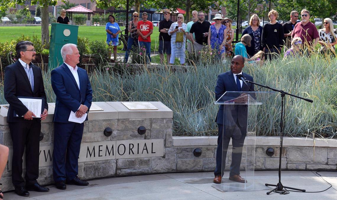 Kansas City Mayor Quinton Lucas spoke during Saturday’s memorial service honoring those who perished in the Hyatt Regency Hotel skywalk disaster 40 years ago. The families and friends of those lost gathered at the Skywalk Memorial located within the Hospital Hill Park at 22nd Street and Gillham Road. 114 people were killed when the skywalks fell during a tea dance being held at the hotel in 1981.