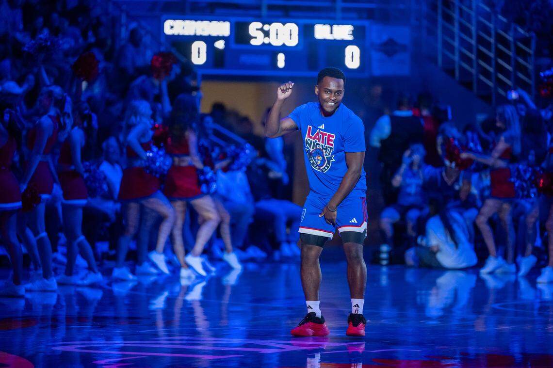 Kansas Jayhawks guard Nginyu “Gee” Ngala dances during introductions at Late Night in the Phog, on Friday, October 17, 2025, in Lawrence.