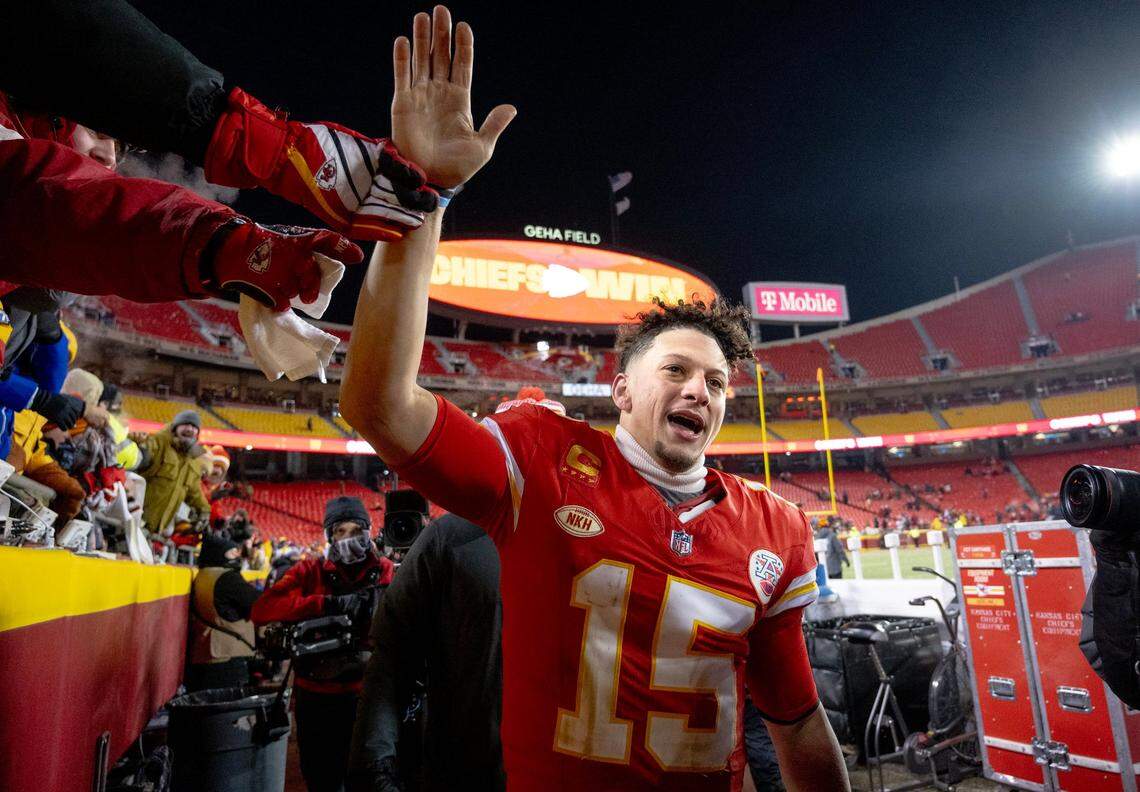 Kansas City Chiefs quarterback Patrick Mahomes celebrates with fans after this year’s AFC Wild Card victory over Miami at GEHA Field at Arrowhead Stadium.