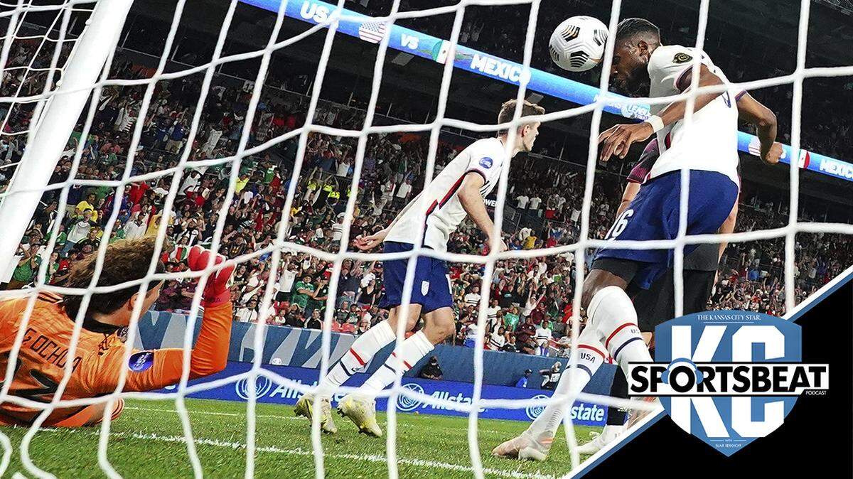 The United States’ Jordan Siebatcheu Pefok (16) tries to head the ball into the net against Mexico’s Guillermo Ochoa (13) during the CONCACAF Nations League championship soccer match,Sunday.