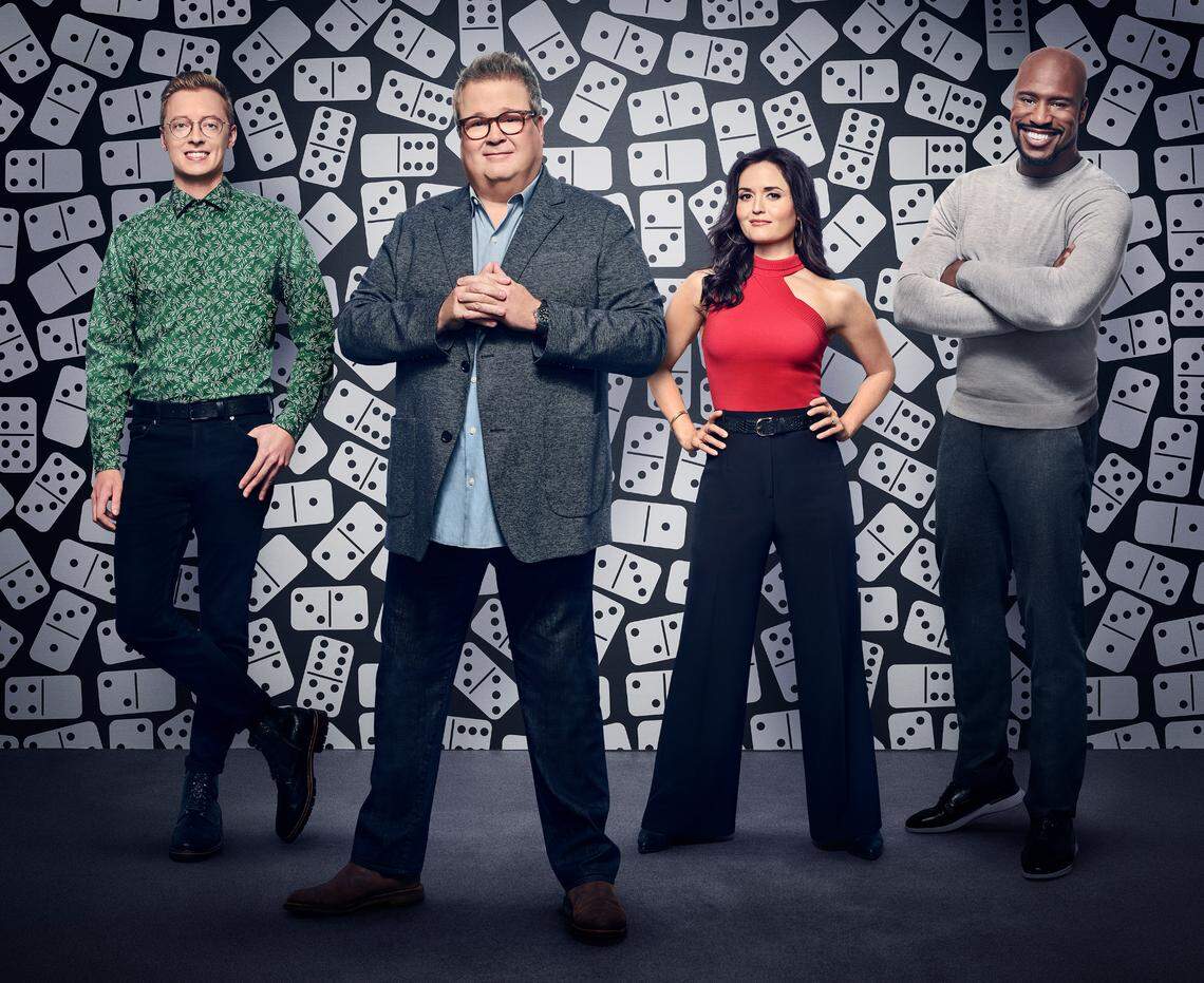 Eric Stonestreet hosts Fox’s new “Domino Masters,” with judges Steve Price, left, Danica McKellar and Vernon Davis.