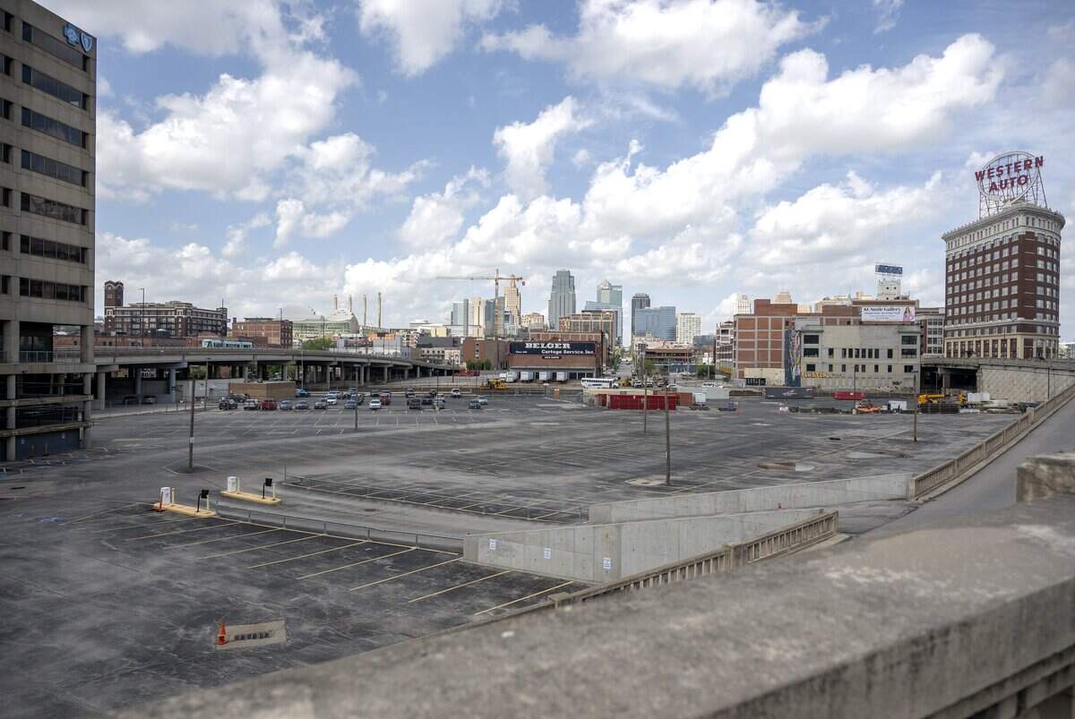 A large parking area overlooking the Kansas City Skyline is seen near Washington Square Park on Wednesday, April 15, 2026.