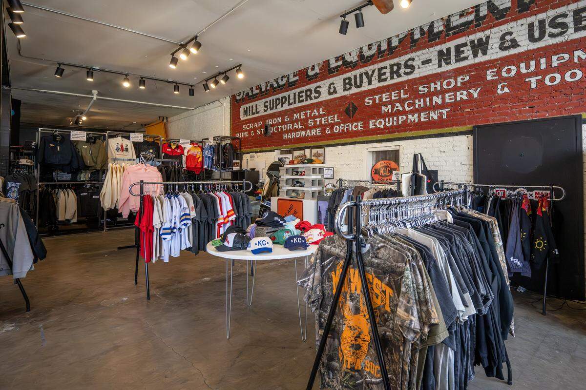 Clothing and hats are displayed throughout Made Mobb on Wednesday, March 18, 2026, in Kansas City.