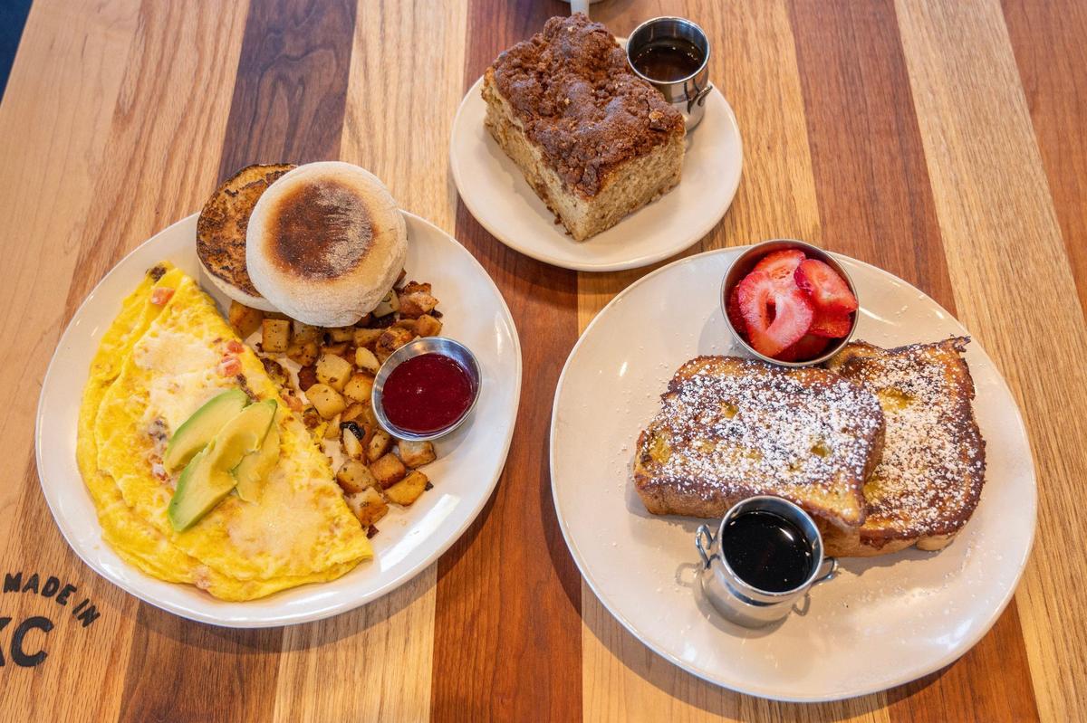 A great combo at HomeGrown: the West Coast Wake Up omelet, paired with the Cinnamon Swirl French Toast, at right. But you can’t go wrong if you swap in the coffee cake with caramel sauce, top.